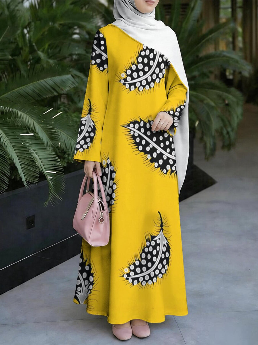 Women'S Hot Middle Eastern Style Muslim Elegant Robe, Bright Yellow Individual Polka Dot Printed Robe, Loose Straight Long Sleeve Cut, Holiday Prayer Shopping Wear, Flowing Comfortable Non- Craft - Mixed colors