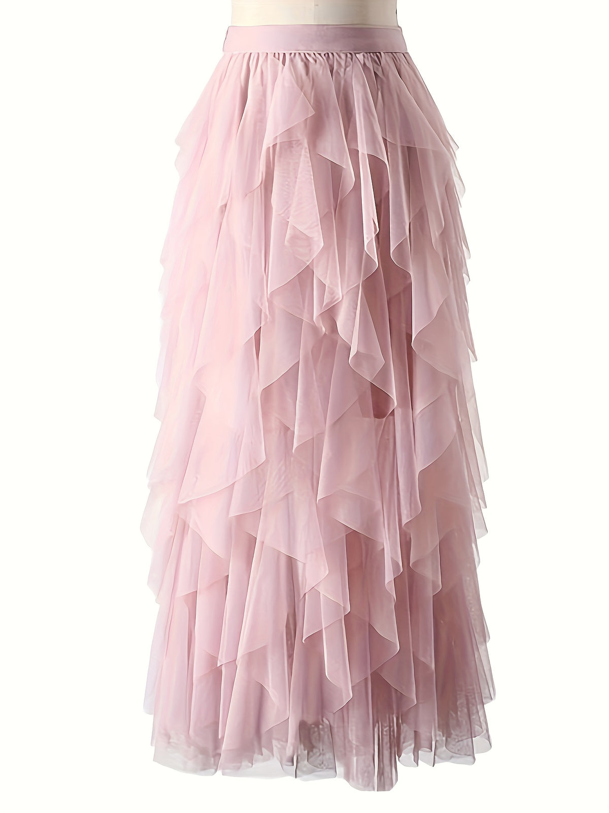 Chic Elegance, Elegant High-Waist A-Line Tulle Skirt for Women - Chic Korean-Style Spring Collection, Sheer Brown Polyester with Delicate Mesh Layers, Perfect for Summer Skirt - Pale Pinkish Gray