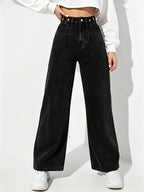 Autumn Winter Summer Women'S Denim Black Ear Stud Straight Wide-Leg Casual Fashion High-Waist Jeans - Black