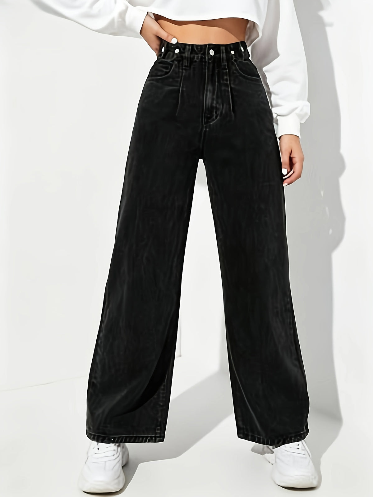 Autumn Winter Summer Women'S Denim Black Ear Stud Straight Wide-Leg Casual Fashion High-Waist Jeans - Black
