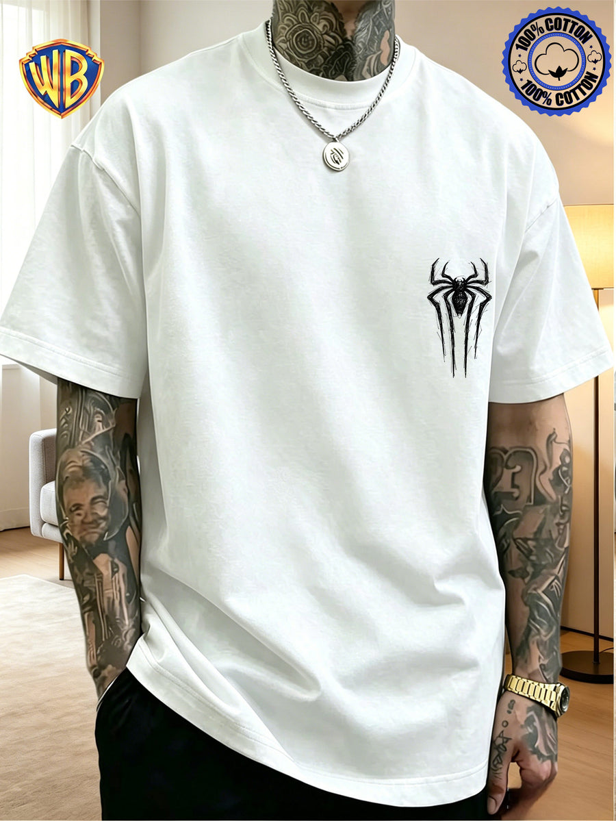 Unisex T-shirt Featuring a Niche Dark Aesthetic with Hand-painted Front and Back Dual-position Combination Prints, Creating a Low-key, Cool, Eye-catching, and Trendy Campus Style - White