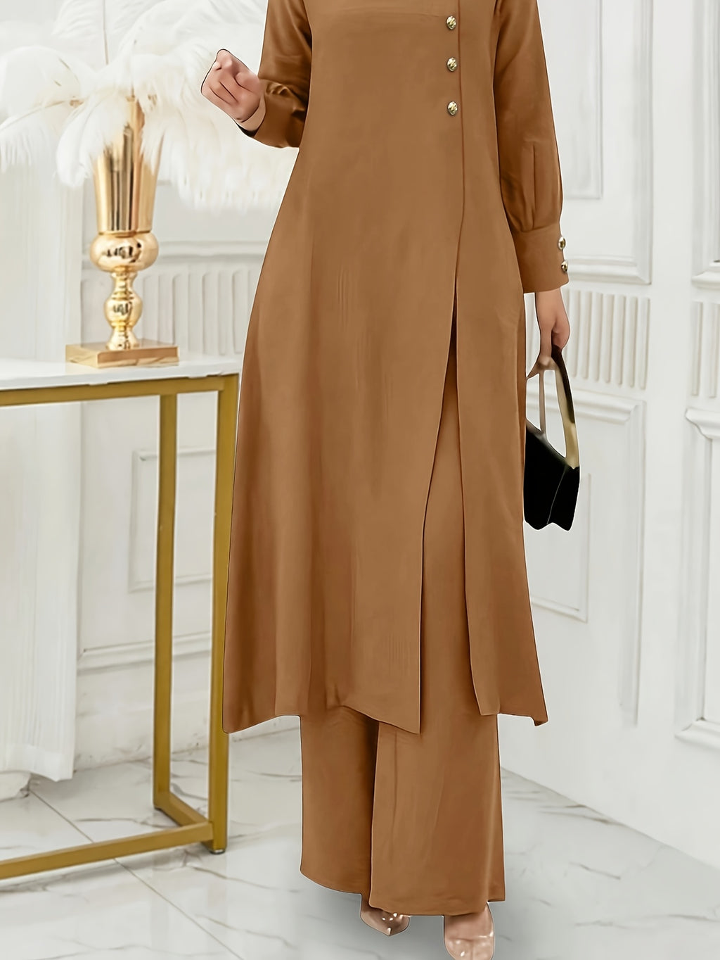 Ramadan, Women's Front-Button Long Sleeve Slit Dress & Pants Casual Arabic Style 2pcs Set, Only Clothes, Without Headscarf - Khaki