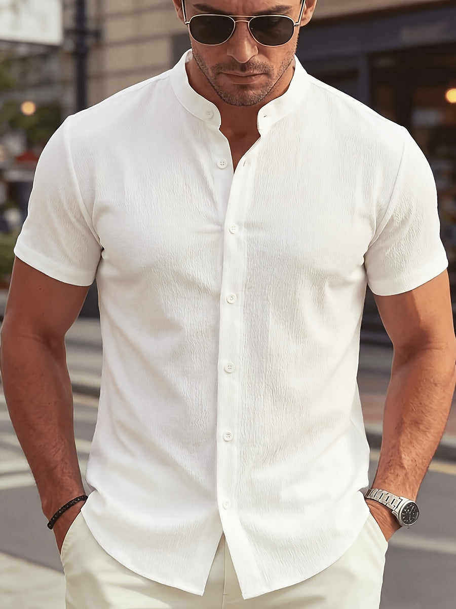New Summer Men's Thin Stand Collar Casual Shirt, Solid Color Short Sleeve Business Fashion Button-Up Shirt for Muscular Men, Stylish Short Sleeve Design Suitable for Casual and Office Wear - Beige Apricot