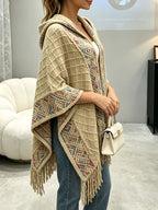 Plus Size, Women's Tops, Large-sized Cardigans, Posie-style Hooded Shawl Scarves, Fringed Cardigan Cloaks, Cardigan Coats, Pullover Tops, Women's Fashionable Outerwear for Spring, Autumn and Winter - Khaki
