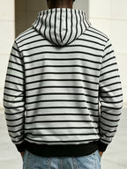 2026 New Men'S Striped Hooded Sweatshirt, Half-Button Drawstring Hoodie, Casual Long Sleeve Pullover Top - Light Grey