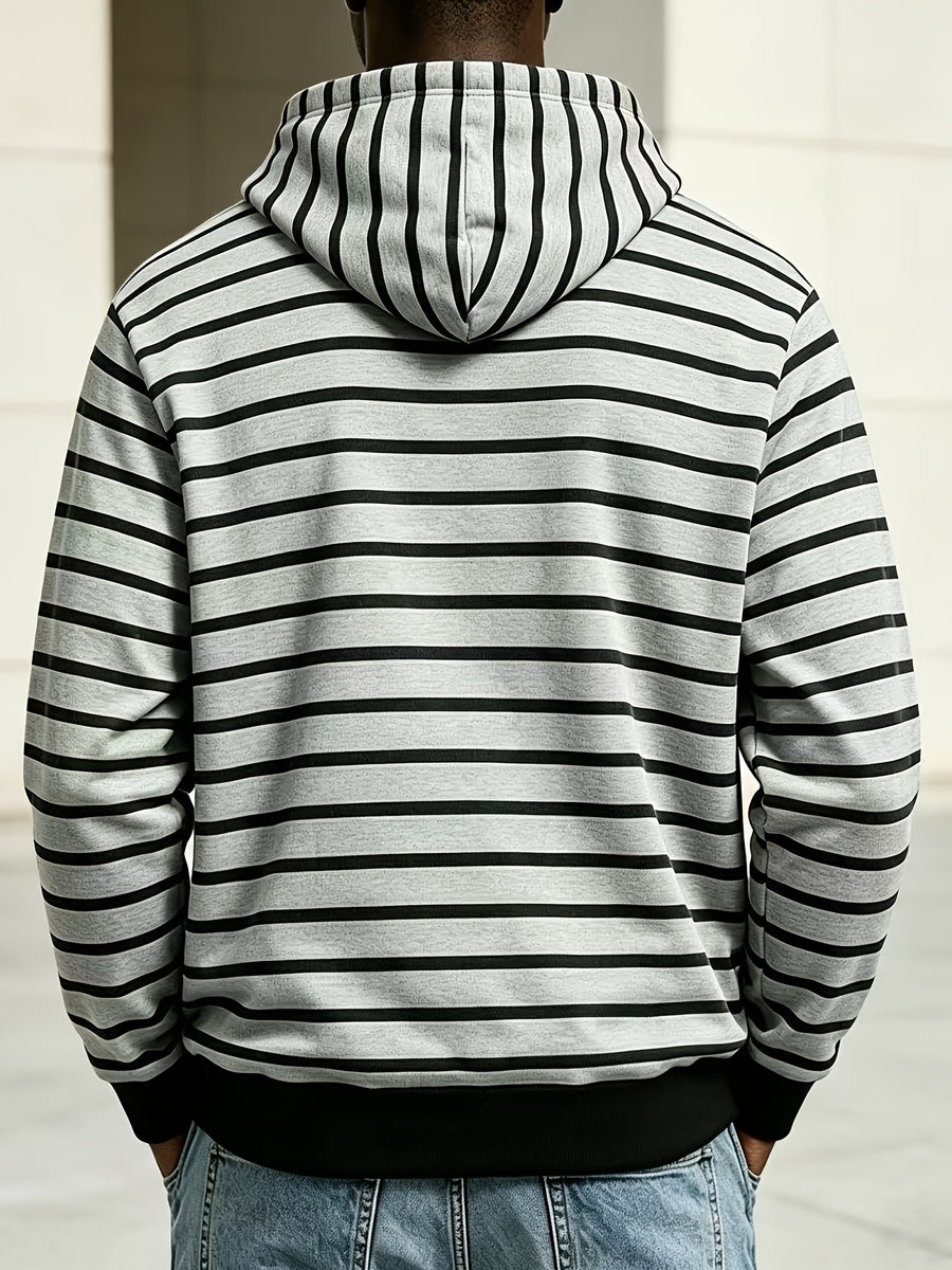 2026 New Men'S Striped Hooded Sweatshirt, Half-Button Drawstring Hoodie, Casual Long Sleeve Pullover Top - Light Grey