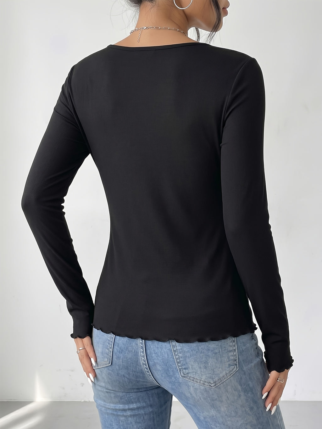 Women's Autumn Brushed Base Layer Top, Thick, Soft, and Skin-Friendly for Close-Fitting Wear, Solid Color Versatile, Buttons Can Be Unbuttoned - Black