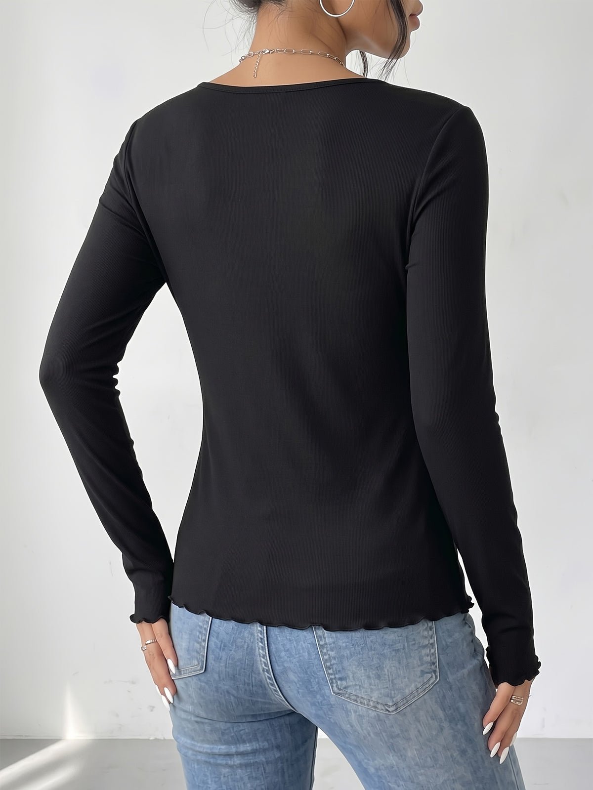 Women's Autumn Brushed Base Layer Top, Thick, Soft, and Skin-Friendly for Close-Fitting Wear, Solid Color Versatile, Buttons Can Be Unbuttoned - Black