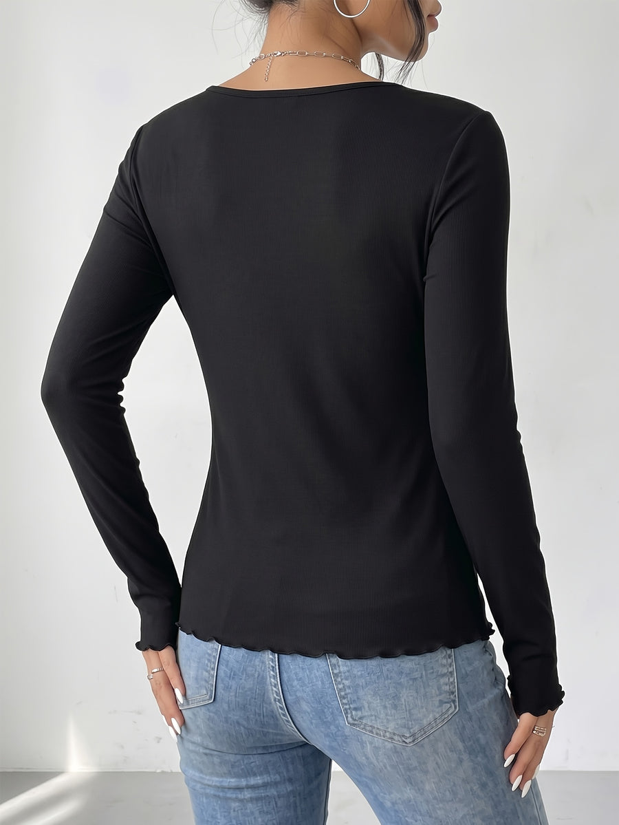 Women's Autumn Brushed Base Layer Top, Thick, Soft, and Skin-Friendly for Close-Fitting Wear, Solid Color Versatile, Buttons Can Be Unbuttoned - Black