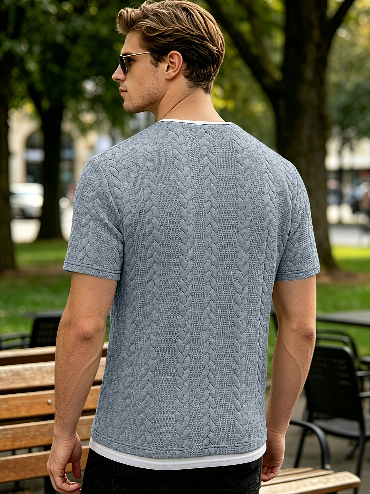 Summer Vintage Vertical Stripe Twisted Cable Embossed Men's Short Sleeve Double-Layer 2-in-1 Look Layered Design Henley Collar T-Shirt, Breathable Textured Versatile Top for Daily Commuting - Light Grey