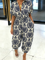 Summer Women'S Casual Printed Jumpsuit, Wide Leg Elastic Ankle Romper, Ethnic Print Vacation Style Fashion Wear, Lapel Neckline And Belt Women'S Trousers - Mixed colors