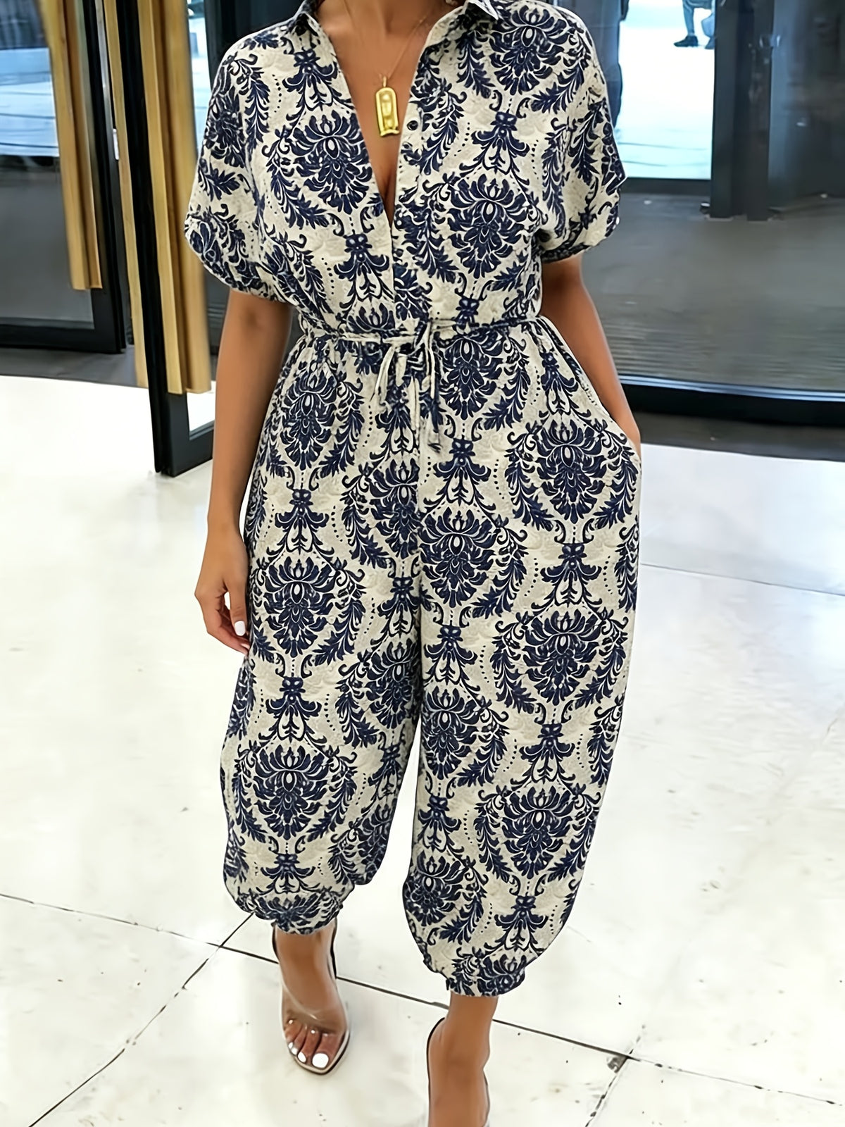 Summer Women'S Casual Printed Jumpsuit, Wide Leg Elastic Ankle Romper, Ethnic Print Vacation Style Fashion Wear, Lapel Neckline And Belt Women'S Trousers - Mixed colors
