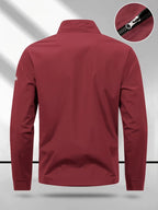 Men's Stand Collar Jacket with Color-blocking White Stripe Design and Logo, Business Casual Versatile Lightweight Windbreaker, Trendy Slim Fit Zip-up Sports Jacket, Suitable for Daily Work Wear. - Burgundy