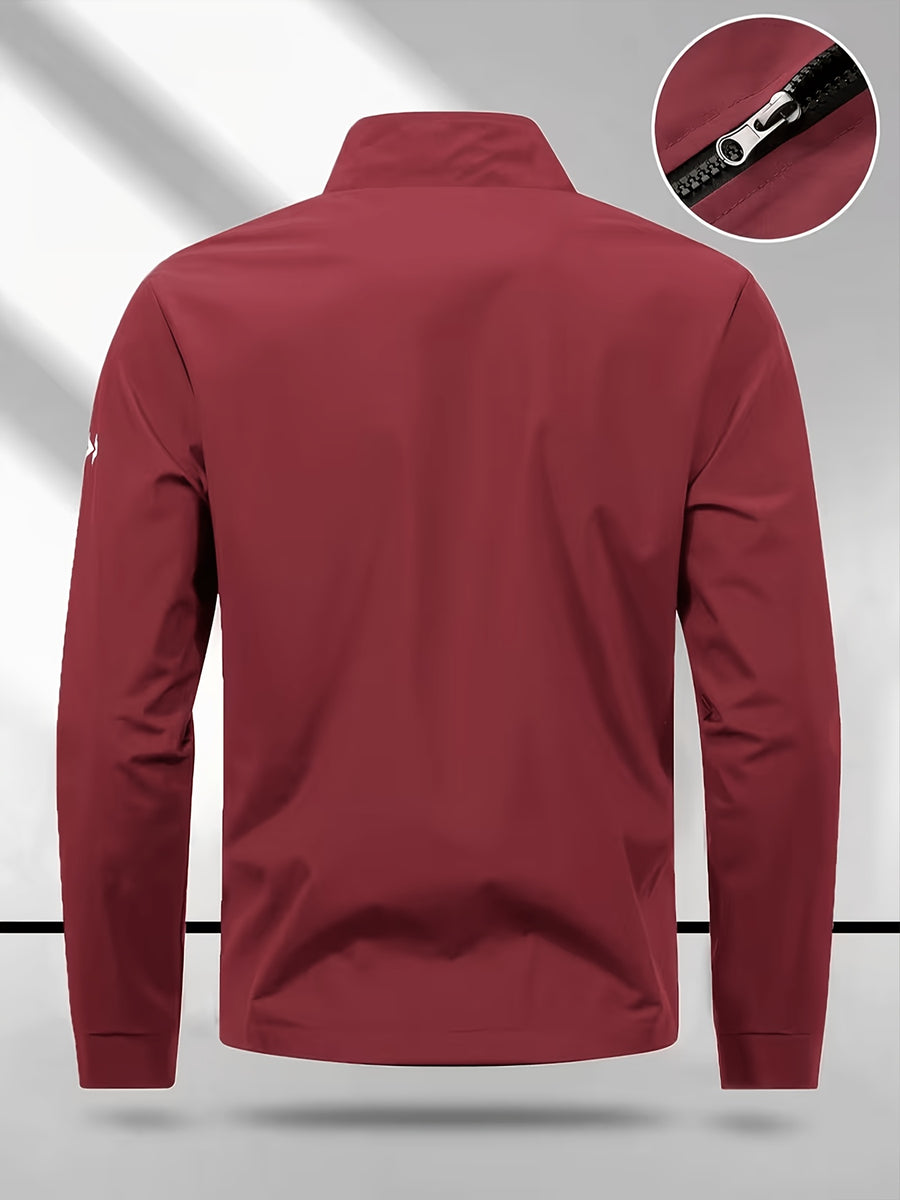 Men's Stand Collar Jacket with Color-blocking White Stripe Design and Logo, Business Casual Versatile Lightweight Windbreaker, Trendy Slim Fit Zip-up Sports Jacket, Suitable for Daily Work Wear. - Burgundy