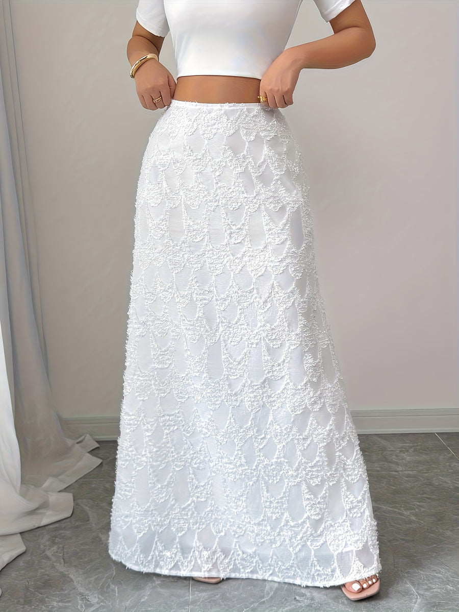 Elegant Women's Casual Solid Color Textured Fabric Lace Trim Skirt, Suitable for Parties - White