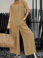 Women's Casual 2pcs Set Solid Color Loose Sleeveless V-Neck Tank Top + Wide-Leg Pants - Khaki