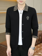 [Whale-Crossing Lan OB 1pc Autumn Winter New Men'S Knit Cardigan, Old Money Style Contrast Lapel Pocket Button-Front Cardigan Men'S Business Casual Fashion Button-Front Knit Top, Collar Design with Letter Embroidery Suitable for Spring, Autumn - Black