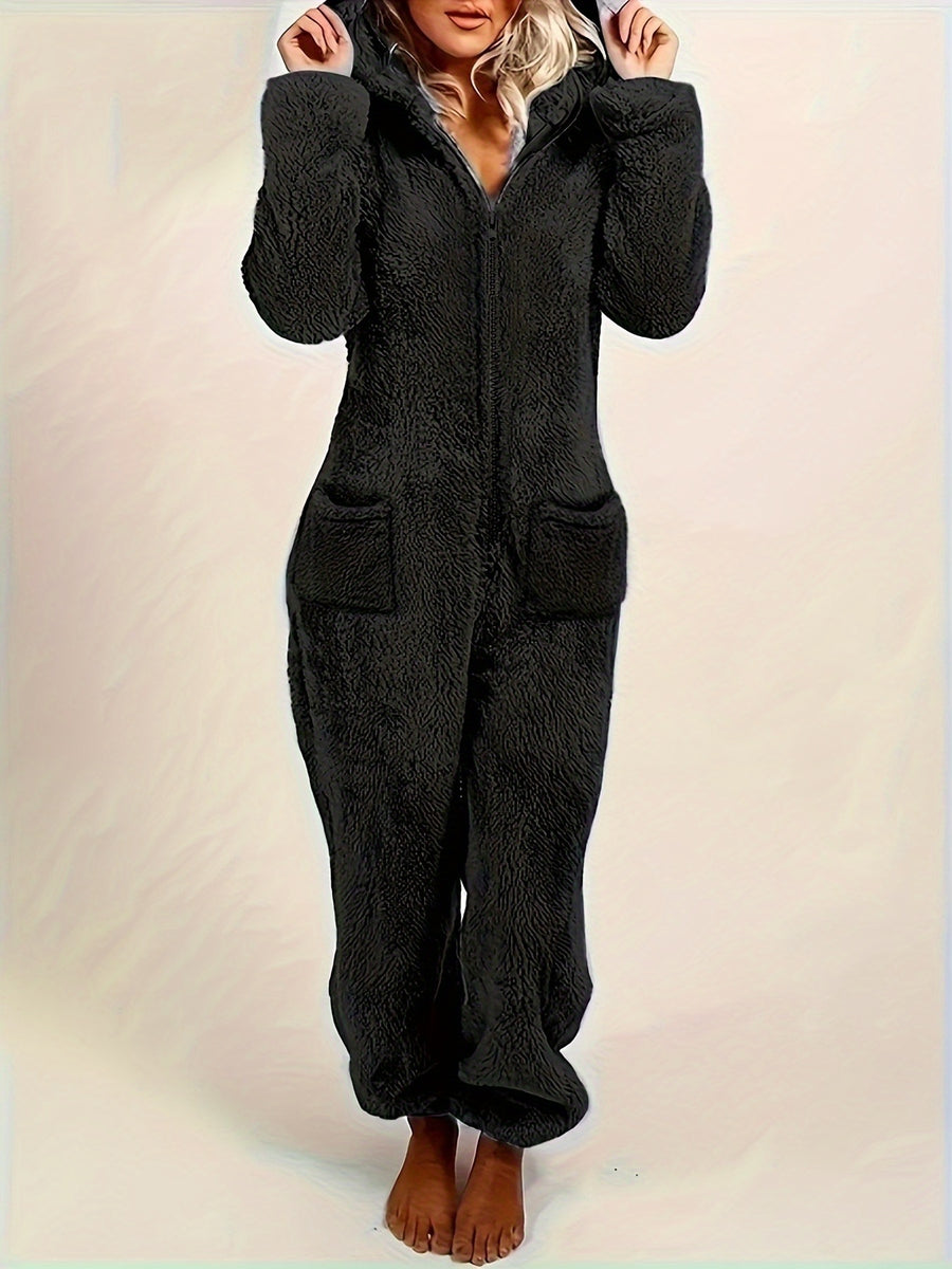 New Autumn/Winter Women's Solid Color Fashionable Warm Double-Sided Jumpsuit, Casual and Versatile Commuter Romper for Women - Black 2
