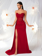 Tube Top with Small V-Neck, Mesh Panel, Sheer Long Ribbon, Slit, and Back Tie for Prom, Party, Formal Dress, Graduation Ball, Birthday Party, Evening Date, Back-to- Party, Wedding Guest, and Formal Dinner - Red
