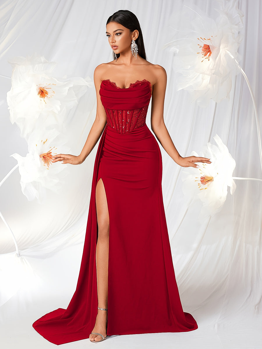 Tube Top with Small V-Neck, Mesh Panel, Sheer Long Ribbon, Slit, and Back Tie for Prom, Party, Formal Dress, Graduation Ball, Birthday Party, Evening Date, Back-to- Party, Wedding Guest, and Formal Dinner - Red