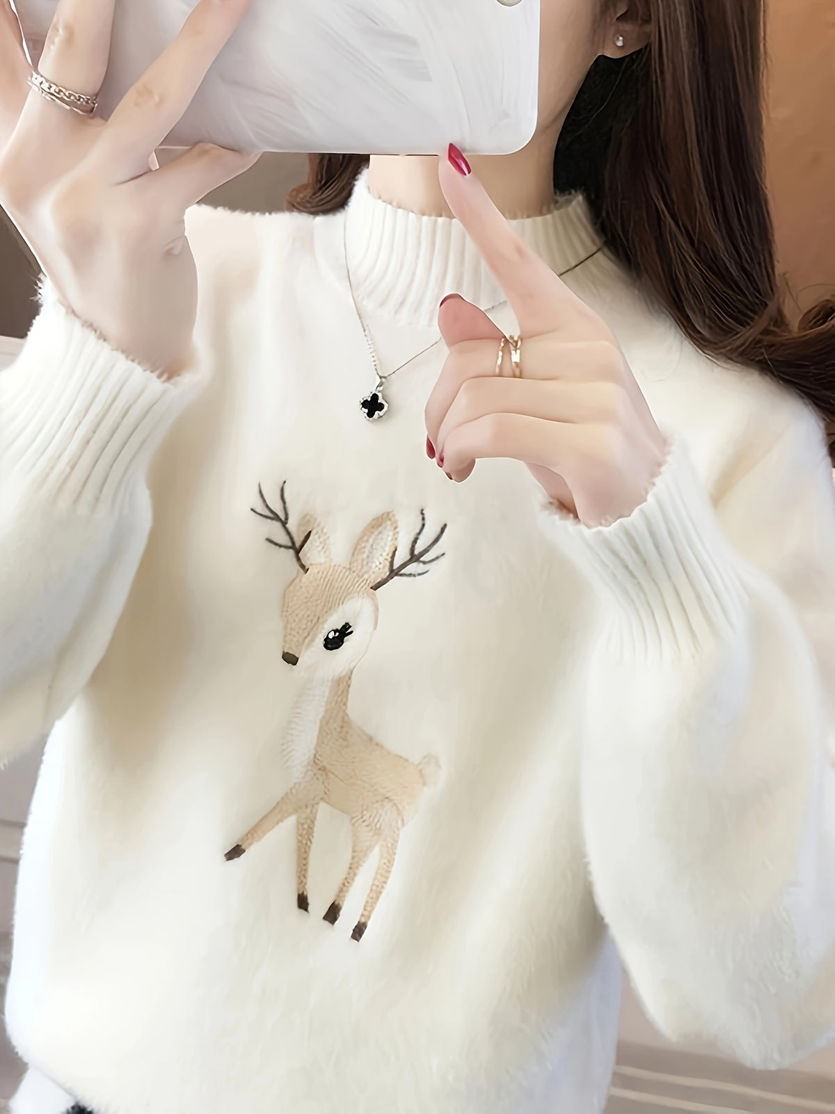 Christmas Autumn Winter High Quality Sweater Women'S Embroidery Long Sleeve Thickened Pullover Base - White