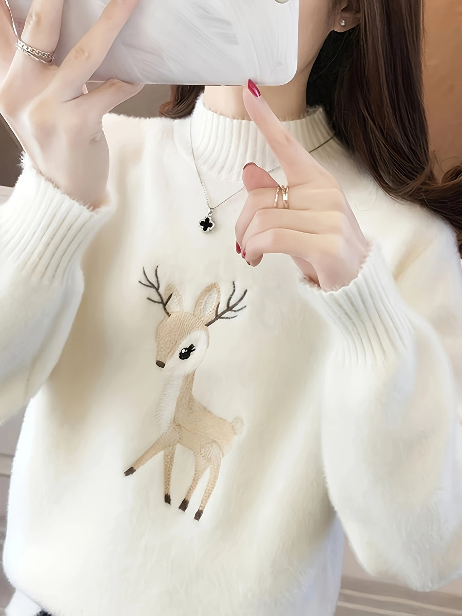 Christmas Autumn Winter High Quality Sweater Women'S Embroidery Long Sleeve Thickened Pullover Base - White