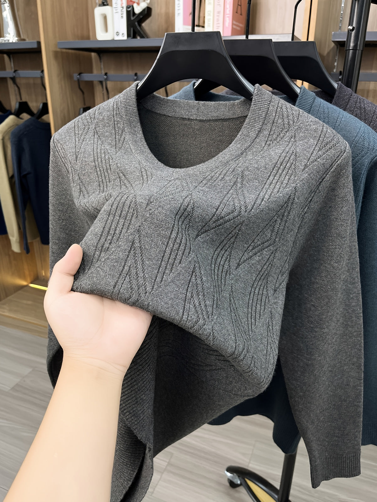 Men'S Autumn Winter New Casual Easy Long Sleeve Knit V-Neck Warm Sweater - Camel Gray