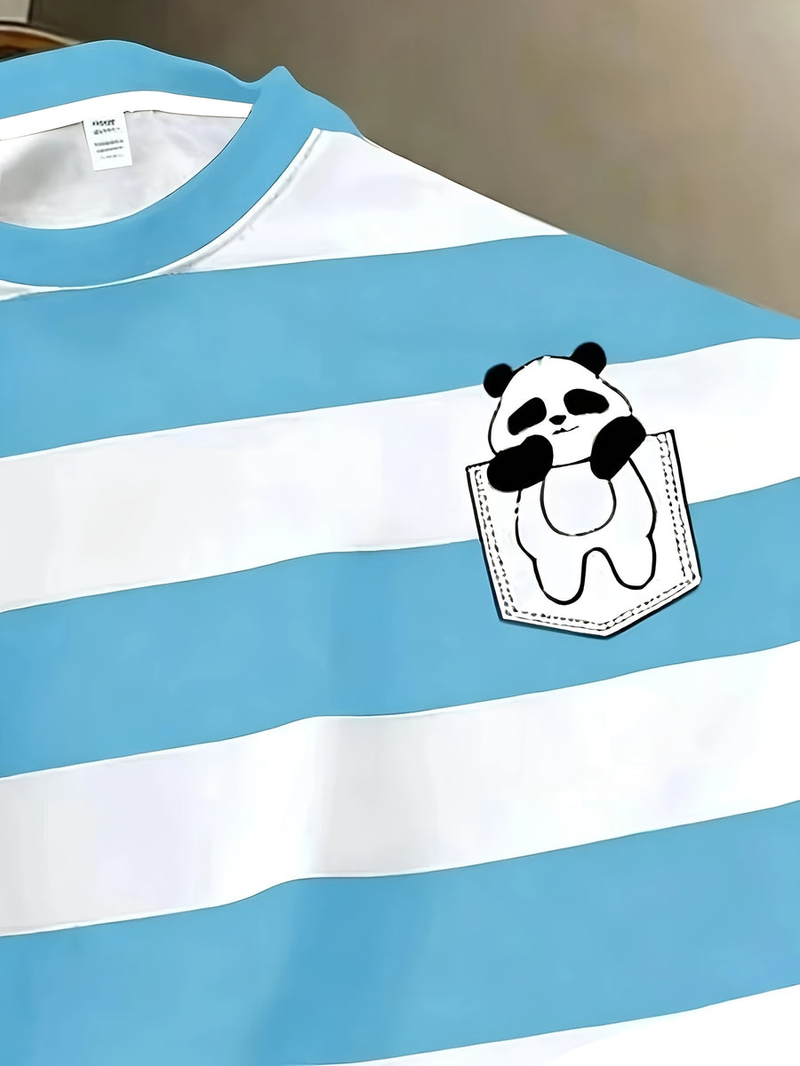 Men's Crew Neck Striped Cartoon Print Casual Versatile Daily Short Sleeve Top, All-Season Fashionable Shirt, Breathable Regular Fit for Daily and Formal Wear - Crew Neck Casual Top, Comfortable to Wear, Gift for Teens and Adults, Outdoor Activity - Sky Blue
