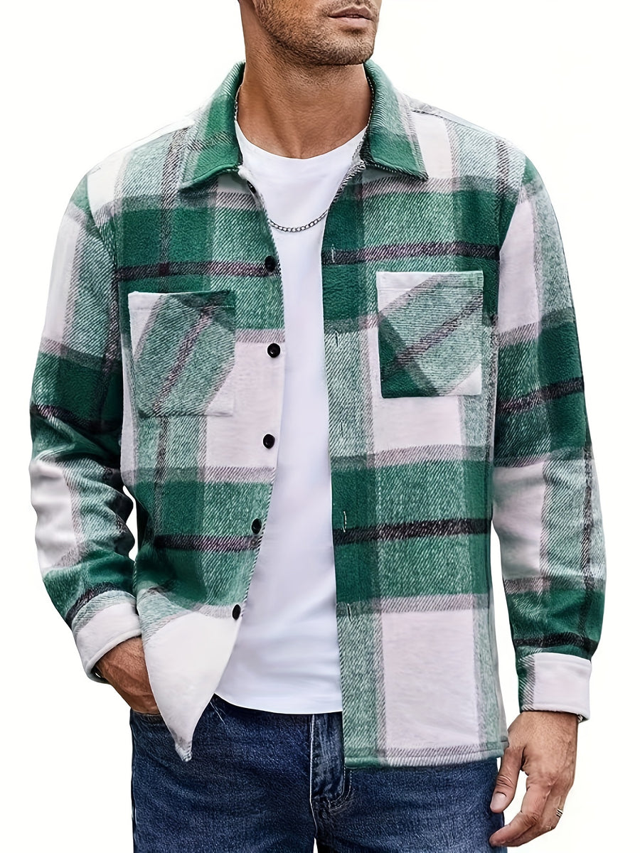 Men's Flannel Thickened Warm Casual Fashion Versatile Plaid Shirt Jacket - Green