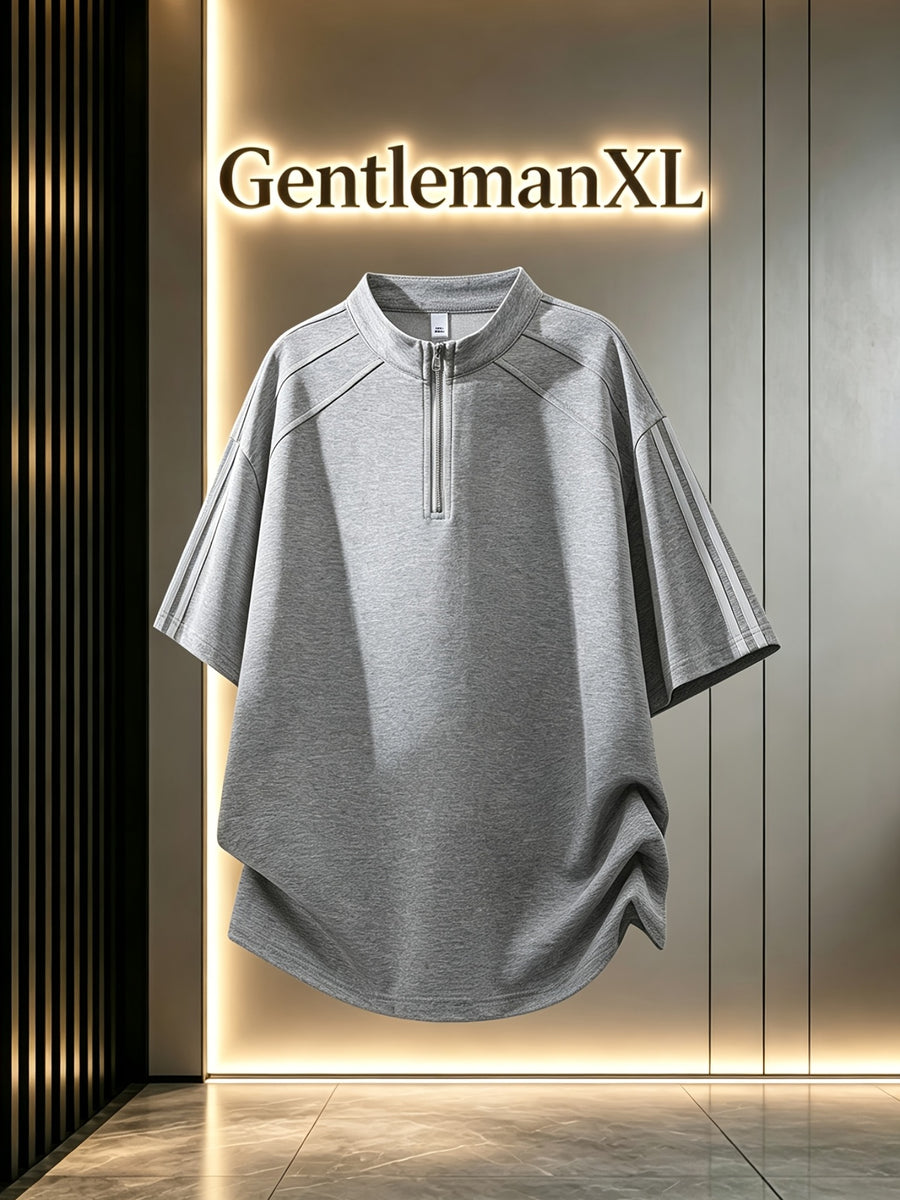 Men'S Summer Striped Half-Zipper Short Sleeve T-Shirt Trendy Brand Loose Casual Breathable Short Sleeve Top - Light Grey