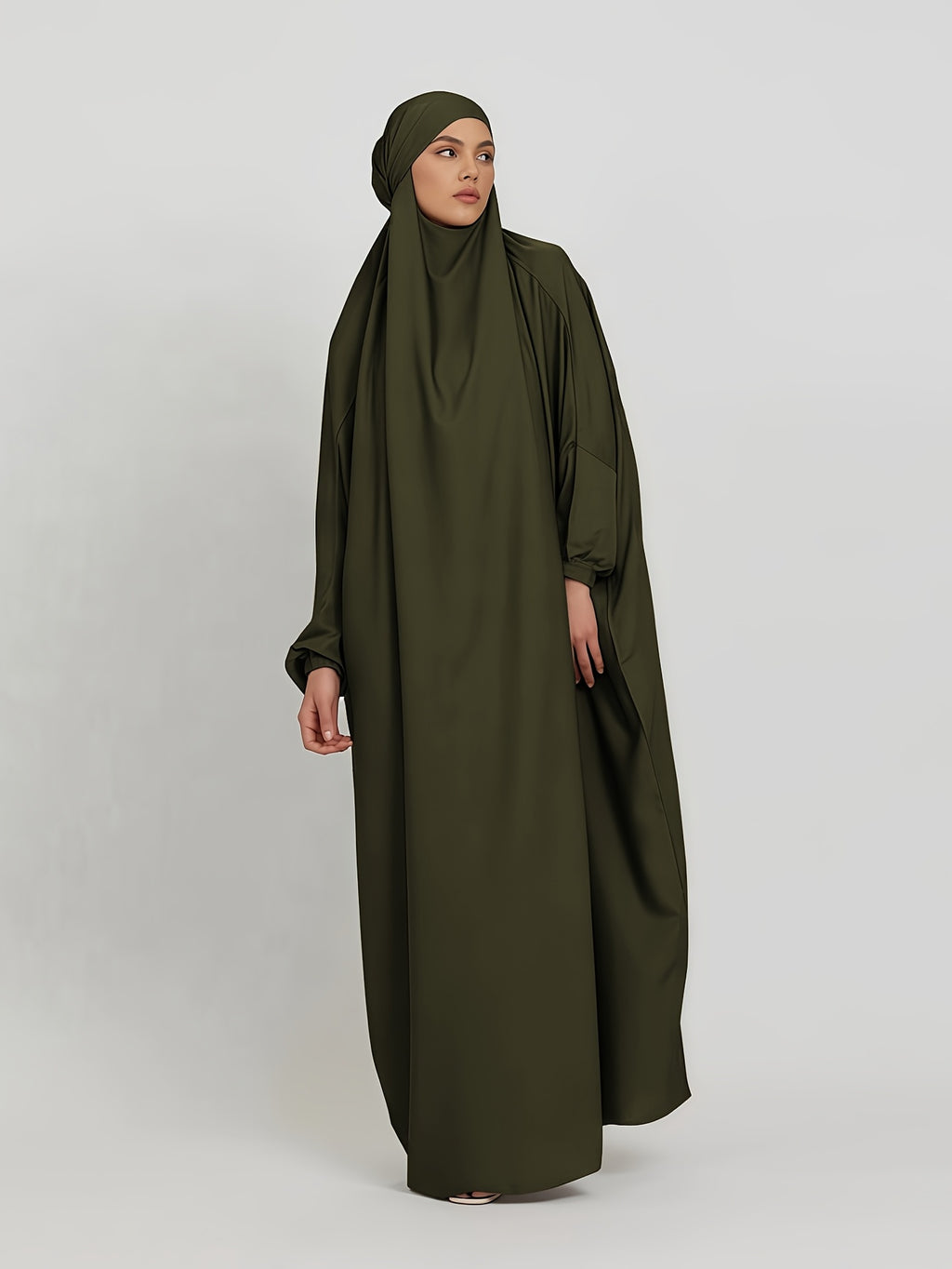 1pc Jilbab, 1pc Khimar with a Rich Drape, Cuffed Sleeves, and a Loose Fit, Suitable for Busy Daily Wear or Worship - Olive Green