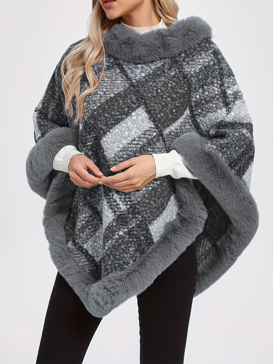 Bust (unlined)" "Length Includes Faux Trim" Elegant Special Edition 1pc Elegant Women's Round Neck Plaid Shawl Pullover, Faux Trim Patch Decoration, 100% Polyester Fiber, Stylish and Elegant European/American Style Thickened Warm Pullover - Grey