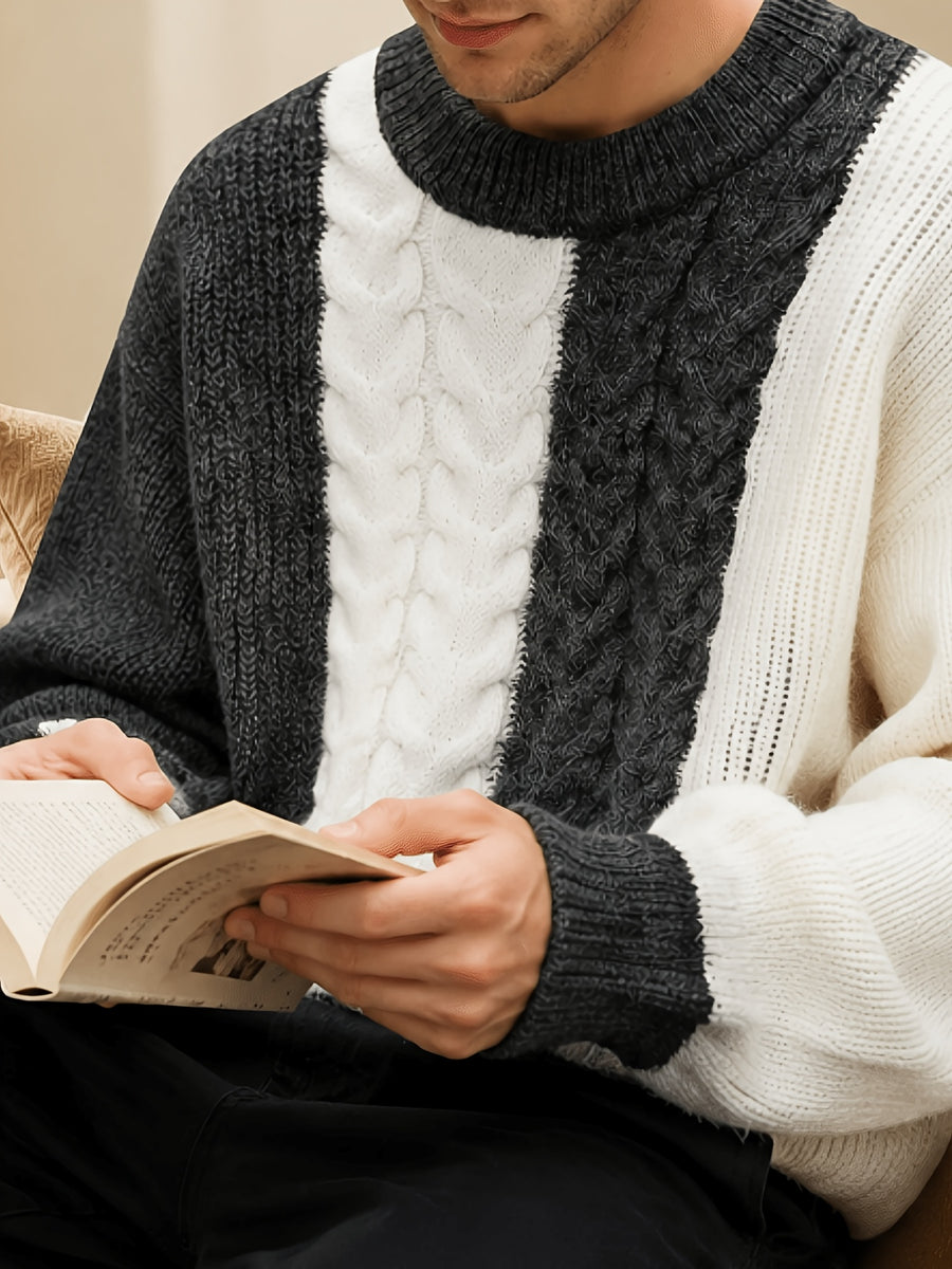 Men's Du Jing Lan OBM Color Block Knit Sweater - Old Money Style Round Neck Pullover with Contrast Long Sleeves, Business Casual Ribbed Sweater Suitable for Layering, Golf, Outdoor & Daily Wear, Spring/Autumn Winter Wardrobe Essential - Grey