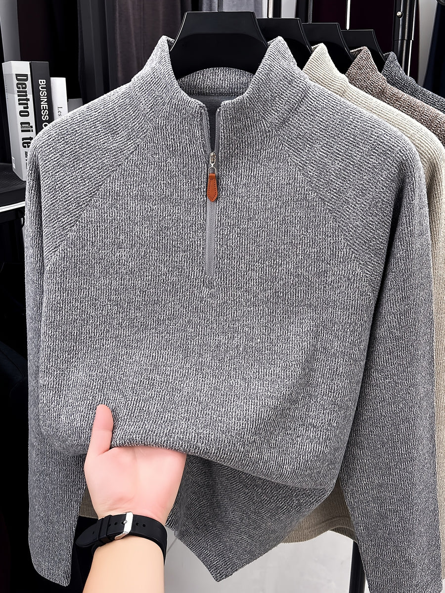 1pc Du Jing Lan OBM Men's Half-Zip Sweater - Solid Color Ribbed Knit Pullover with Stand Collar, Half-Zip Front Suitable for Layering, Business Casual & Outdoor Wear, Long Sleeve for Golf, Basketball, Daily Layering ( Autumn/Winter New Arrival) - Grey