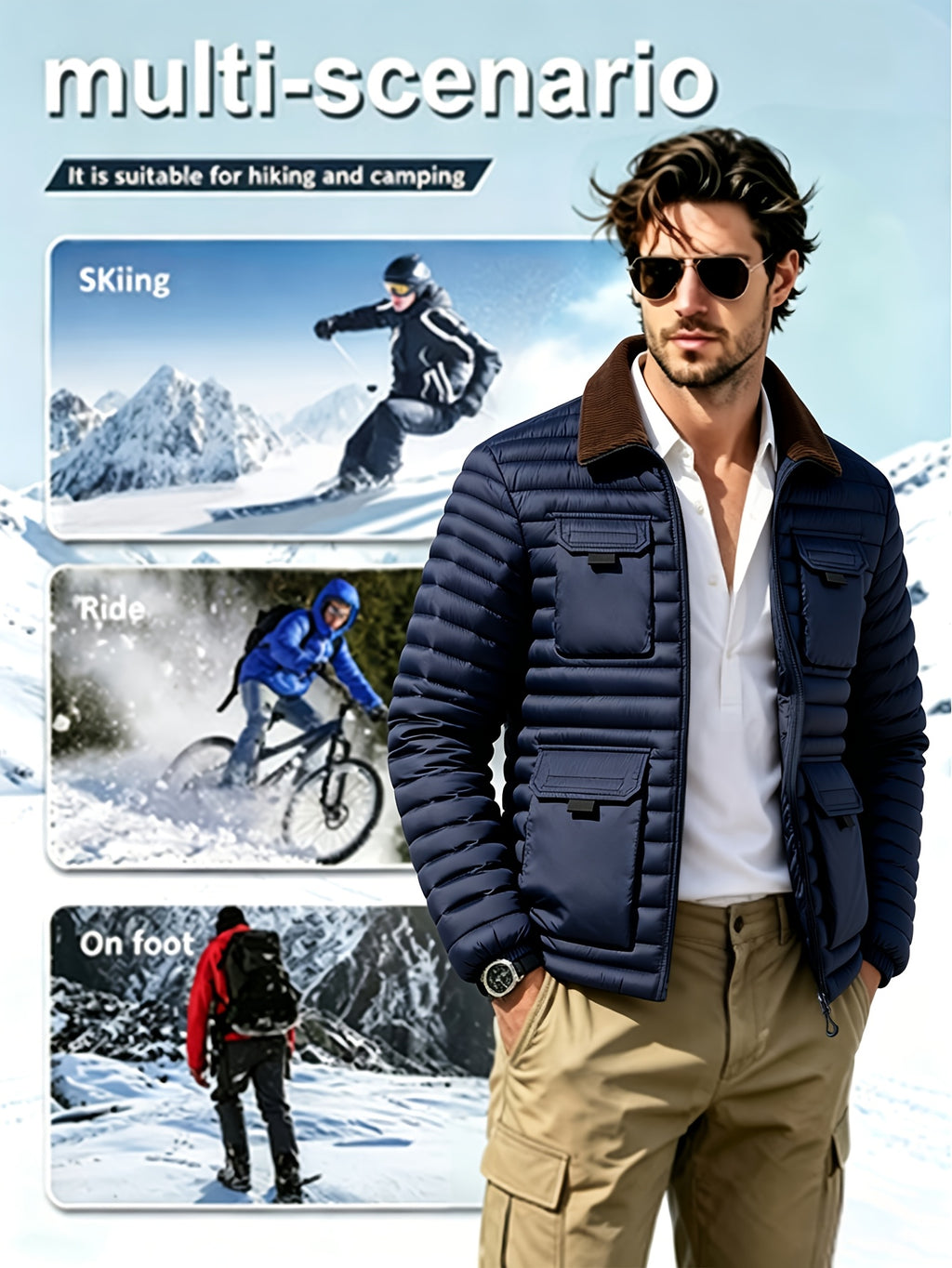 Men'S Horizontal Quilted Winter Jacket, Brown Corduroy Collar, 4-Pocket Utility Style with Ribbon Loops, Full-Zip Closure, Lightweight Warm Padded Coat, Suitable for Skiing, Riding, Hiking, Camping, Casual Commute And Business Attire - Blue
