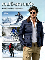 Men'S Horizontal Quilted Winter Jacket, Brown Corduroy Collar, 4-Pocket Utility Style with Ribbon Loops, Full-Zip Closure, Lightweight Warm Padded Coat, Suitable for Skiing, Riding, Hiking, Camping, Casual Commute And Business Attire - Blue