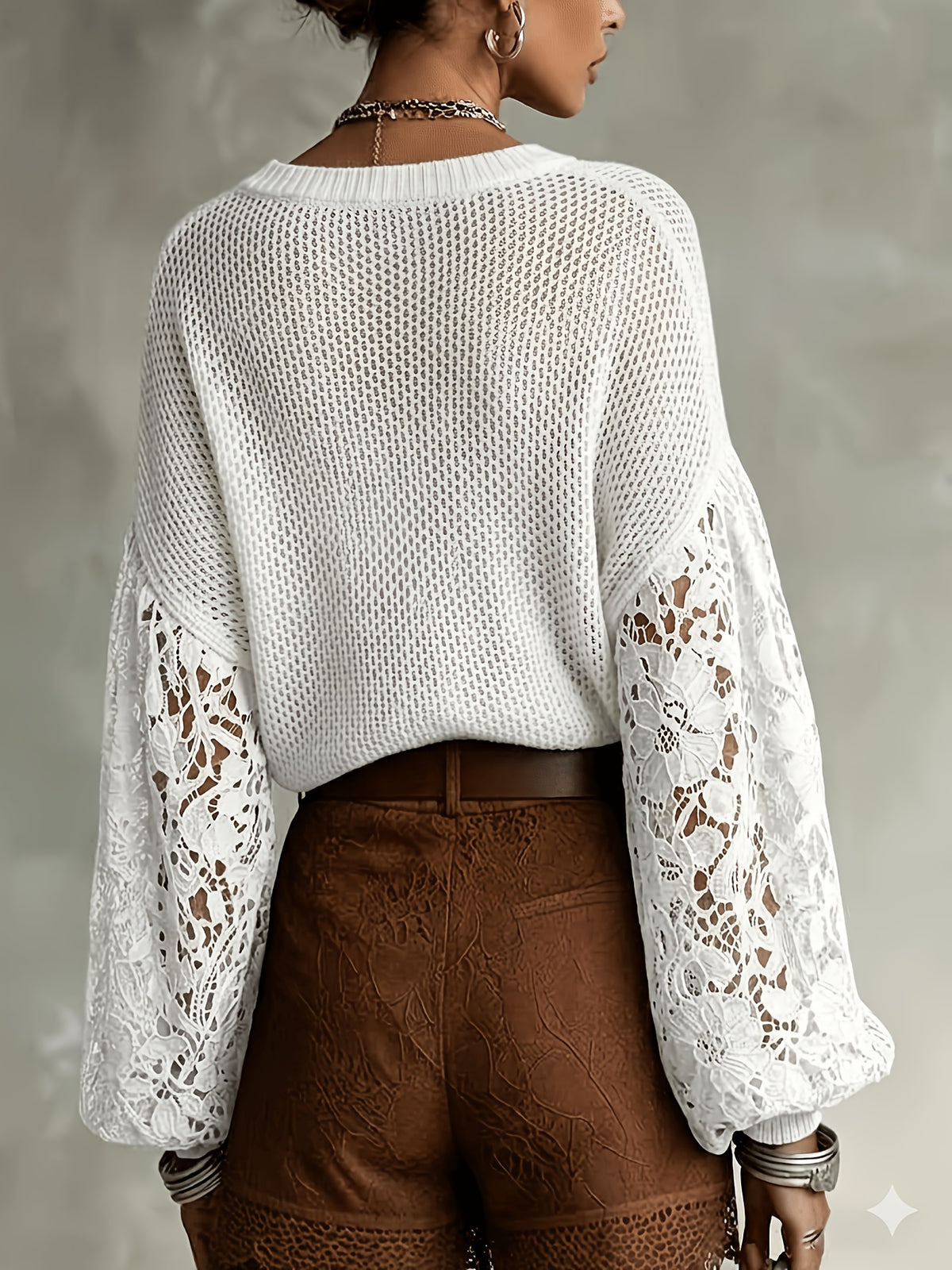 Women's V-Neck Lace Sleeve Sweater, Soft Fabric, Versatile Pullover for Daily Commuting - White