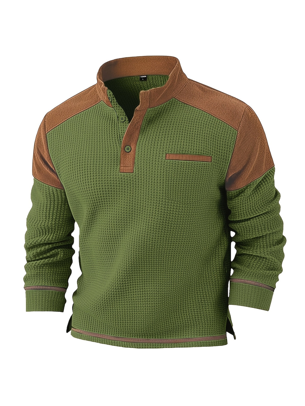 Men's American-style Casual Stand-up Collar Shirt with a Half-opening Button Placket Design, Retaining the Smart and Neat Look of a Stand-up Collar. The Addition of Two Buttons Enhances the Layered Style and Breathability. The Shoulders - Olive Green