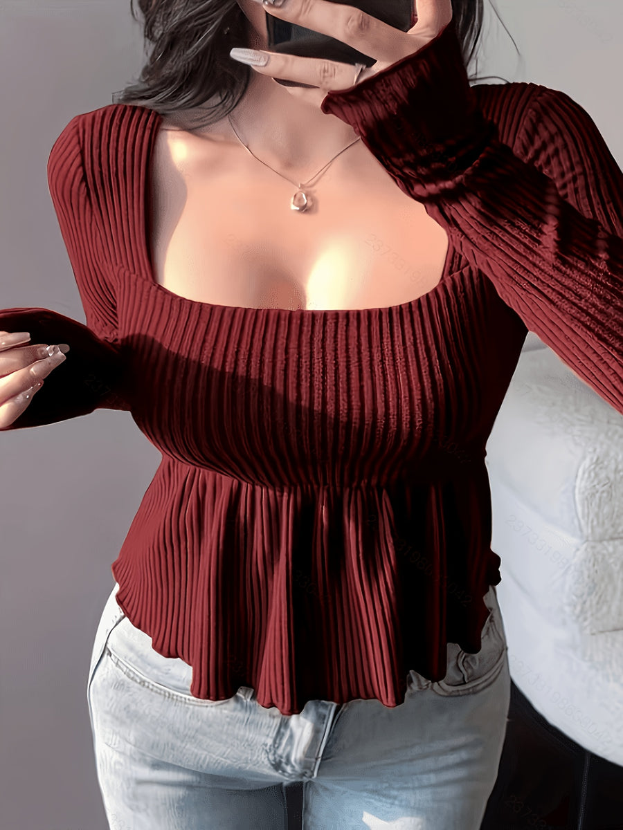 Women'S Square Neck Textured Fabric A-Line Hem T-Shirt, Doll Outfit Top - Burgundy