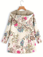Women's New Autumn/Winter Hooded Mid-Length Printed -Lined Jacket, Fashionable, Elegant, Versatile, Warm, with Pockets, Cardigan Style - Multicolor