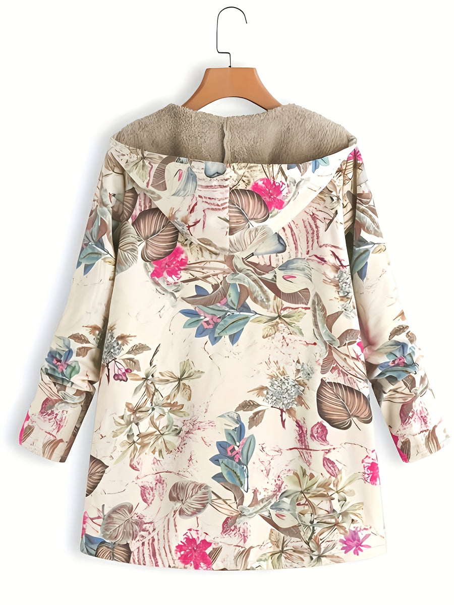 Women's New Autumn/Winter Hooded Mid-Length Printed -Lined Jacket, Fashionable, Elegant, Versatile, Warm, with Pockets, Cardigan Style - Multicolor