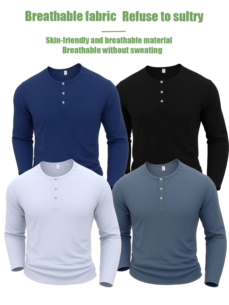 4pcs Set of Men'S Solid Color Henley Long-Sleeve T-Shirts, Classic Three-Button Collar Design, Slim Fit, Basic Tops, Soft Natural Breathable Fabric, Durable, Casual Everyday Layerable T-Shirts, Versatile Men'S Autumn Basic Shirts - Black+Black+Navy Blue+White