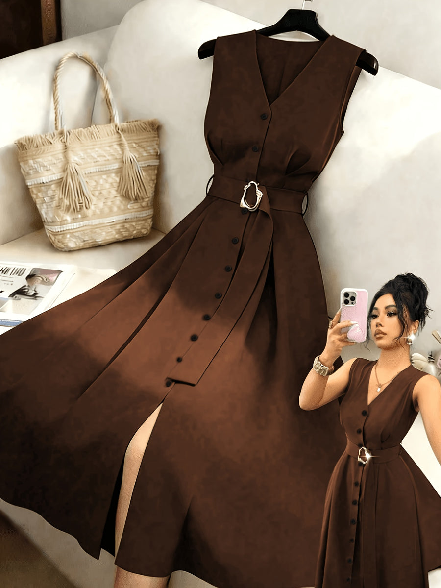 New Women's Sleeveless V-Neck Cardigan with Metal Rings, Elegant Slim-Fit Long Bridesmaid Dress, Versatile for Commuting, Parties, and Music Festivals - Dark Brown