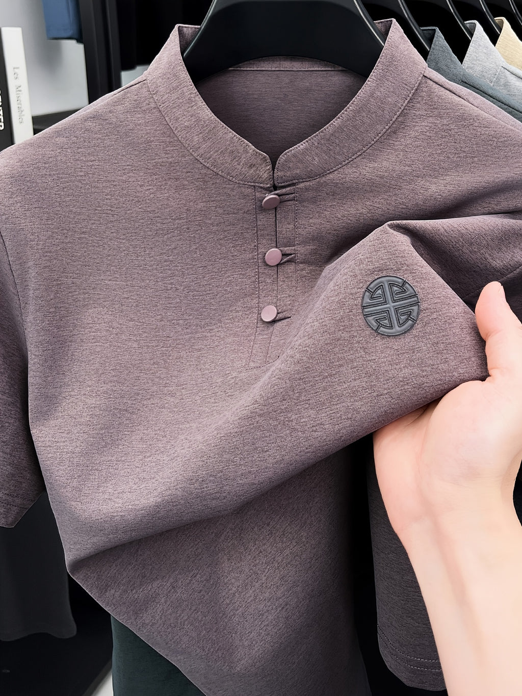 New Summer Chinese Hero Ancient Style Three-Button Access Control Short-Sleeve Men's T-Shirt, Stylish Casual Novelty Men's Top, Refreshing Quick-Drying, Durable and Skin-Friendly Apparel JC8912 - Fuchsia