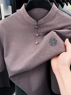 New Summer Chinese Hero Ancient Style Three-Button Access Control Short-Sleeve Men's T-Shirt, Stylish Casual Novelty Men's Top, Refreshing Quick-Drying, Durable and Skin-Friendly Apparel JC8912 - Fuchsia