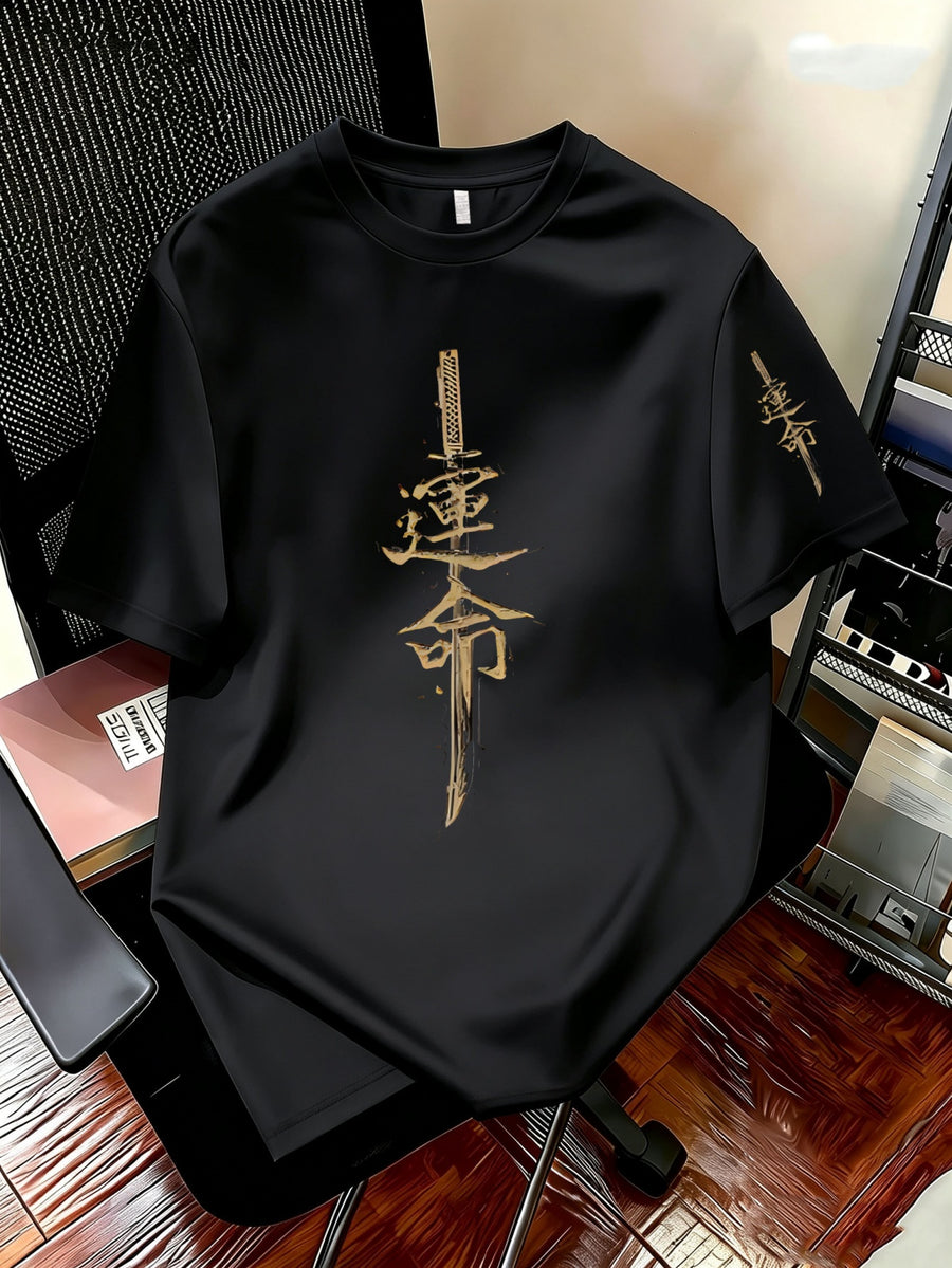 Men's Chinese Style T-Shirt with Jian Sword & Traditional Text Print - Crew Neck Short Sleeve Top, Suitable for Summer Streetwear, Casual Daily Wear, Chinese Cultural Apparel for - Black
