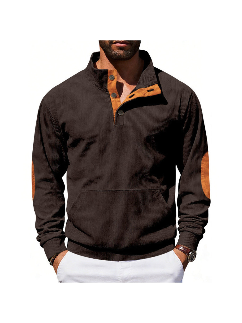2pcs Men'S Corduroy Half-Button Stand Collar Long Sleeve Pullover Sweater, Contrast Color Button-Front Half-Open, Elbow Contrast Patchwork Decoration, Front Kangaroo Pocket, Ribbed Cuffs And Hem Retro Fashion Sweatshirt - zong+lv