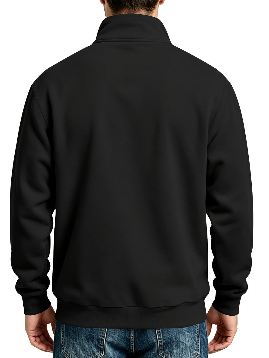 Josh Mei'S Selection of Henley Collar Shirts, Autumn And Winter Sweatshirts, Loose Casual Zip-Up Pullover Solid Color Stand Collar Fleece-Lined Solid Color Men'S Shirts - Black