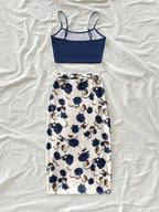 Women'S Fashion Floral Print Short Bodycon Dress, Casual Vacation Camisole Set for Women - Navy Color