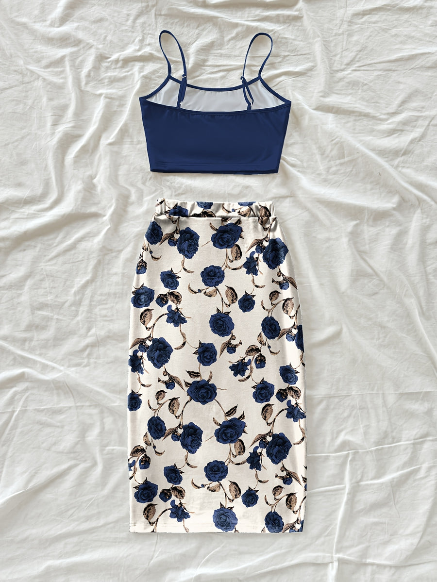 Women'S Fashion Floral Print Short Bodycon Dress, Casual Vacation Camisole Set for Women - Navy Color